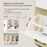 Moderne witte schoenenkast van BukkitBow met kantelbakken en lade, geschikt als schoenenrek, strak en functioneel design