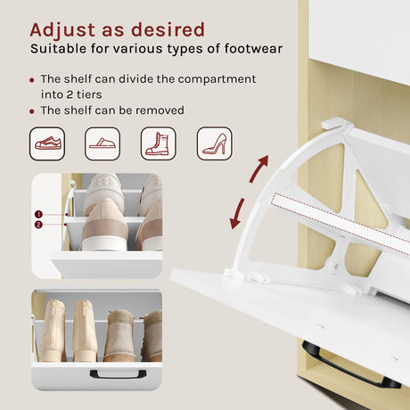 Moderne witte schoenenkast van BukkitBow met kantelbakken en lade, geschikt als schoenenrek, strak en functioneel design