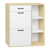 Moderne witte schoenenkast van BukkitBow met kantelbakken en lade, geschikt voor het opbergen van schoenen en accessoires.