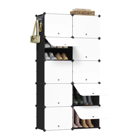 BukkitBow modulair schoenenrek met 10 vakken in wit en zwart, geschikt voor 40 paar schoenen, ideaal voor organizeerbare opslag.
