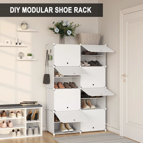 BukkitBow modulair schoenenrek met 6/8 vakken in wit, geschikt voor 32 paar schoenen, overzichtelijk en modern design