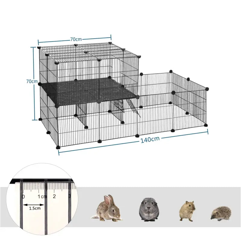 BukkitBow modulaire knaagdierenren met twee lagen en montagehamer, geschikt voor cavia's, hamsters en konijnen, 70x70x140cm