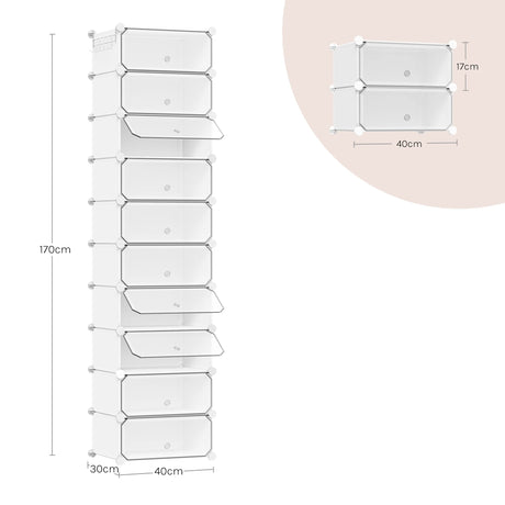 Modulaire witte schoenenkast met 10 vakken van BukkitBow, stofvrij en ideaal voor het organiseren van schoenen.