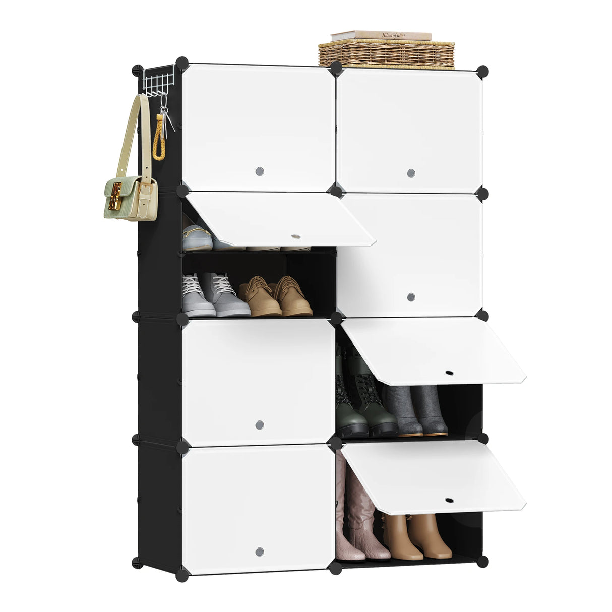 Zwart BukkitBow modulaire schoenenkast met 8 vakken voor 32 paar schoenen, zichtbaar in het schoenenrek.