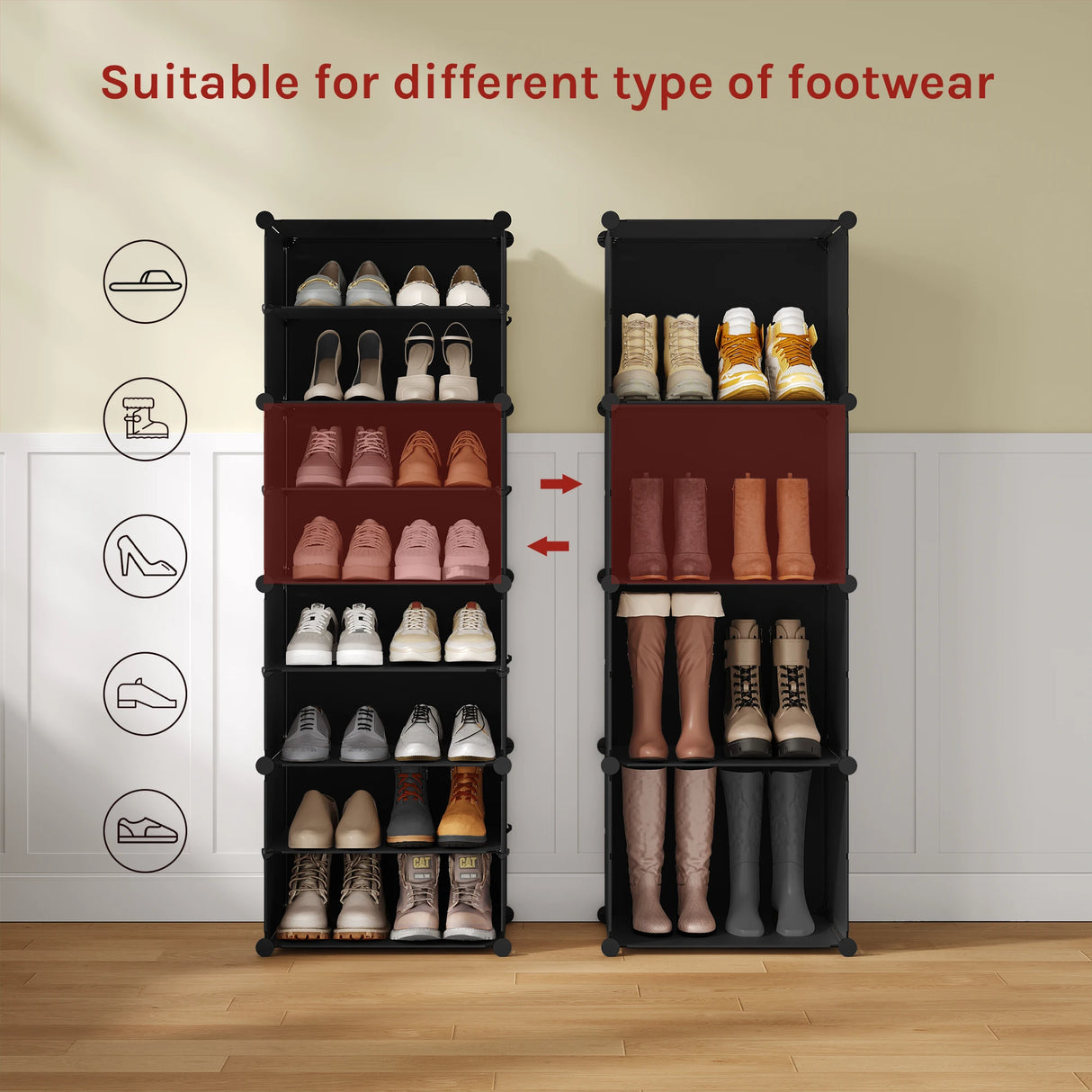Zwart BukkitBow modulaire schoenenkast met 8 vakken voor 32 paar schoenen, geschikt als schoenenrek.
