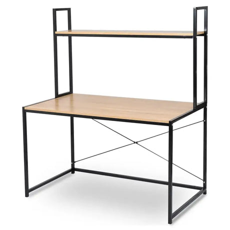 Multifunctioneel BukkitBow bureau met hout en staal, ruime opslagruimte, afmetingen 120x60x140cm, ideaal voor kantoor of thuisgebruik.