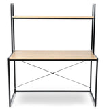 BukkitBow multifunctioneel bureau met houten en stalen details, ruime opslagruimte, afmetingen 120x60x140cm, ideaal voor kantoor of thuis.