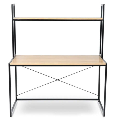 BukkitBow multifunctioneel bureau met houten en stalen details, ruime opslagruimte, afmetingen 120x60x140cm, ideaal voor kantoor of thuis.