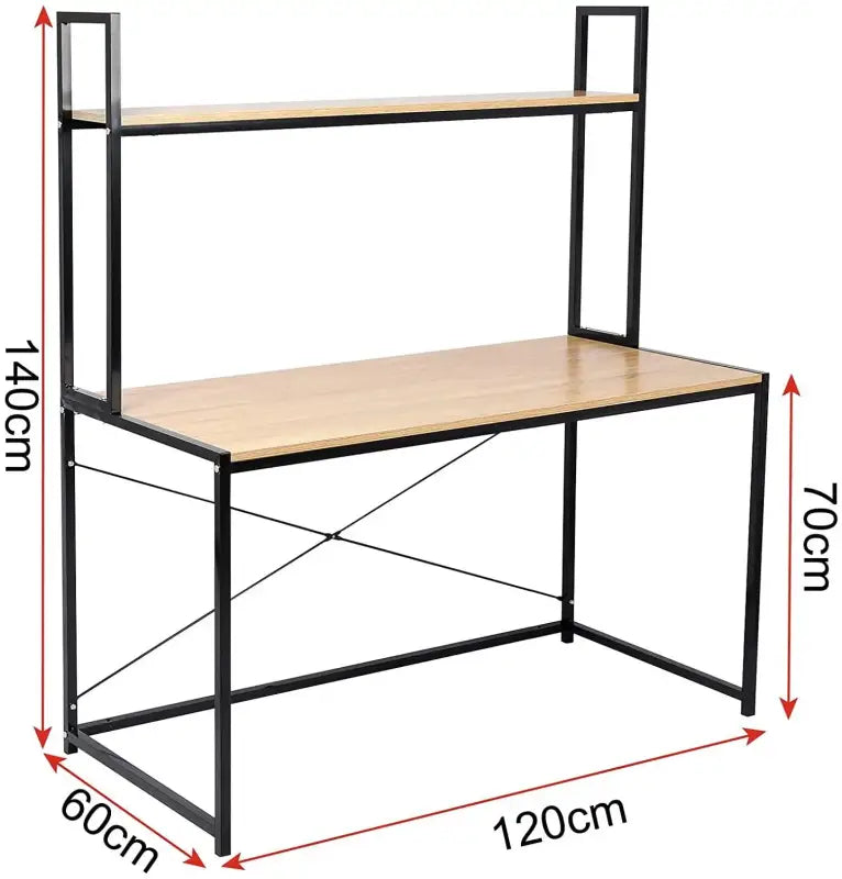 BukkitBow multifunctioneel bureau met hout en staal, ruime opslagplank, afmetingen 120x60x140cm, geschikt voor thuis of kantoor.