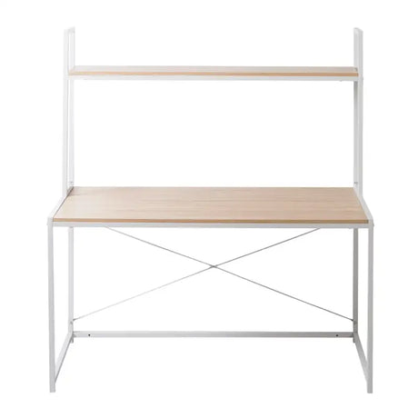 BukkitBow multifunctioneel bureau met houten en stalen opslagplank, ruime werkruimte, afmetingen 120x60x140cm, geschikt voor kantoor of thuis.