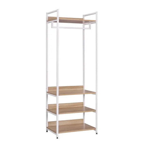 Multifunctioneel BukkitBow kledingrek van staal en MDF met kledingrail, 56x36x170 cm, max 20 kg per plank.