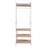 BukkitBow multifunctioneel kledingrek van staal en MDF met kledingrail, 56x36x170cm, maximaal 20 kg per plank, in een moderne interieurstijl.