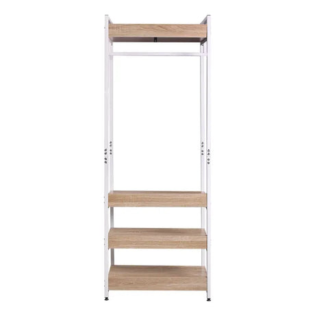 BukkitBow multifunctioneel kledingrek van staal en MDF met kledingrail, 56x36x170cm, maximaal 20 kg per plank, in een moderne interieurstijl.