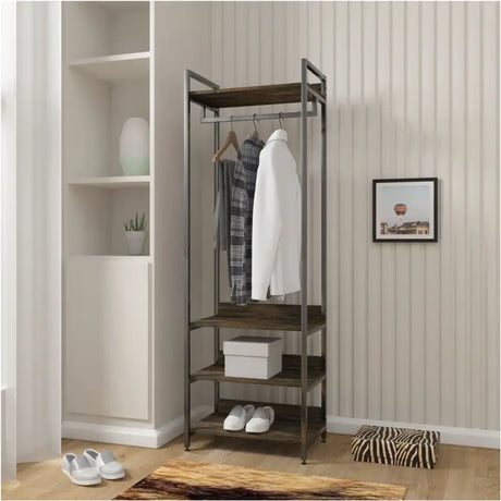 Multifunctioneel BukkitBow kledingrek van staal en MDF met kledingrail, afmetingen 56x36x170cm, tot 20 kg per plank.
