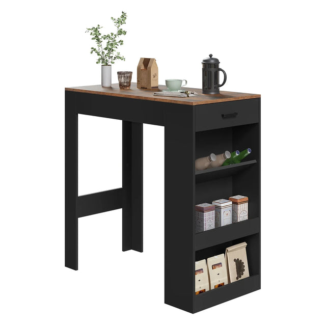 Moderne BukkitBow bartafel met wijnrek en lade, multifunctioneel ontwerp, houten afwerking en stijlvolle uitstraling.