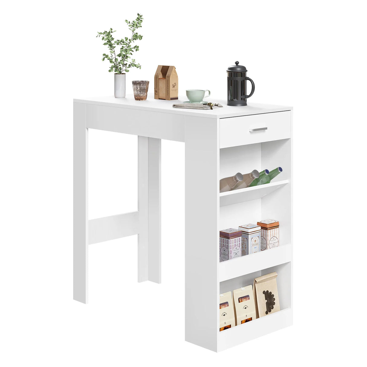 Moderne BukkitBow bartafel met wijnrek en lade, geschikt voor woonkamer of keuken, met strak design en multifunctionele opbergruimte.
