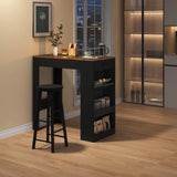 Moderne BukkitBow bartafel met wijnrek en lade, zwart metalen frame en houten blad, perfect voor in de woonkamer of bar.