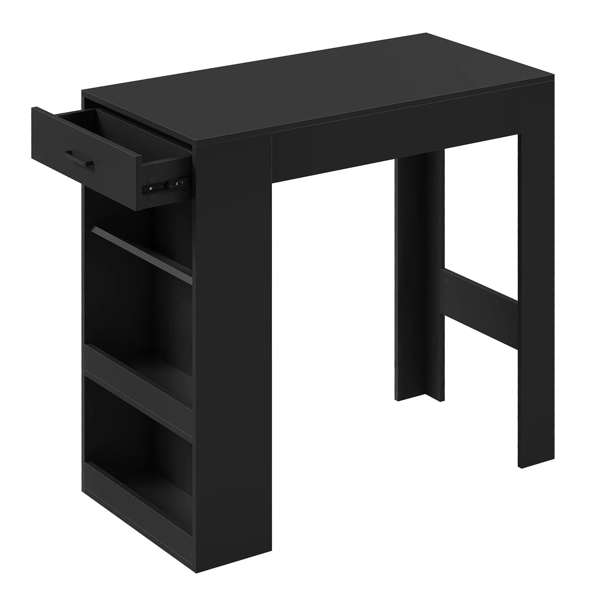 BukkitBow multifunctionele bartafel met wijnrek, lade en modern design, zichtbaar met houten tafelblad en metalen frame.