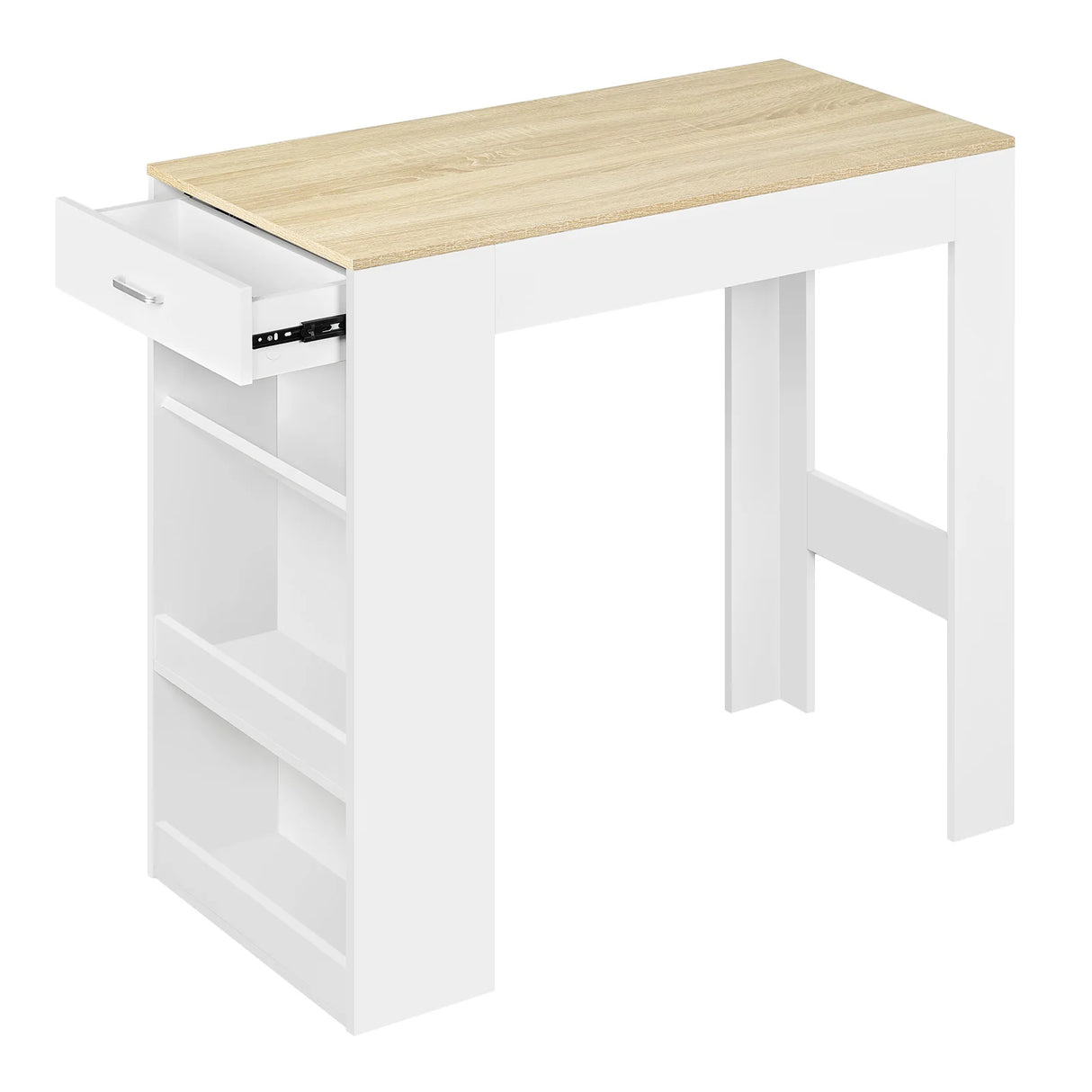 Multifunctionele BukkitBow bartafel met wijnrek en lade, modern design, geschikt voor woonkamer of keuken.