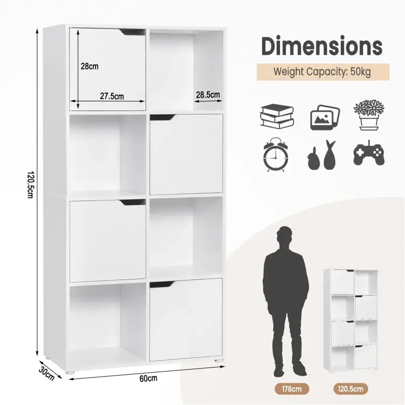 BukkitBow multifunctionele boekenkast met 8 compartimenten, compact en stijlvol, veilig ontwerp, afmetingen 60x120x30cm