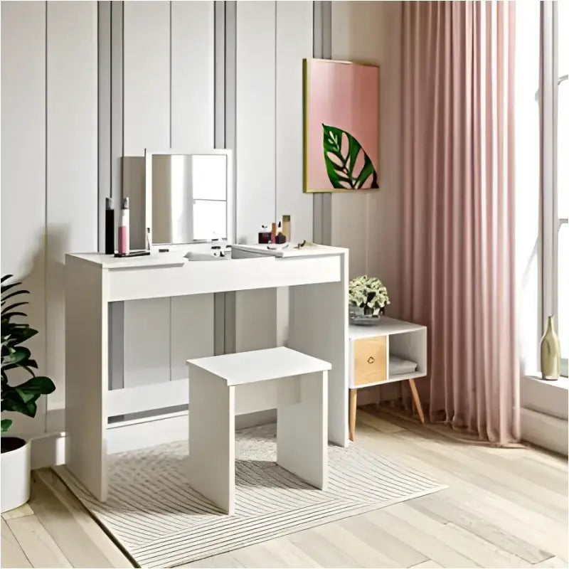 BukkitBow multifunctionele kaptafel met kruk, hout en dichtheidsborden, ruime opbergkast, afmetingen 100x45x76cm