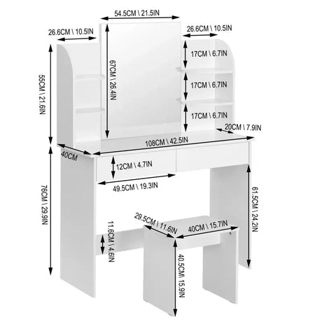 BukkitBow multifunctionele houten kaptafel set met modern ontwerp, ruimtebesparend, afmetingen 108x40x142cm, geschikt voor make-up en accessoires.