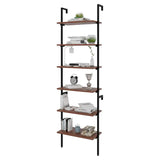 BukkitBow multifunctioneel ladderrek met stalen frame, donker eikenhouten planken, zwart frame, 60x204x30cm, opbergrek voor thuis.