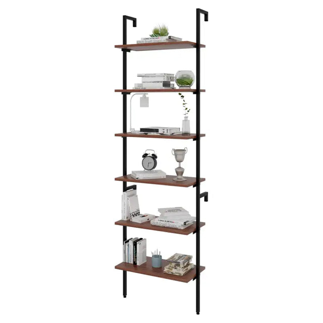 BukkitBow multifunctioneel ladderrek met stalen frame, donker eikenhouten planken, zwart frame, 60x204x30cm, opbergrek voor thuis.