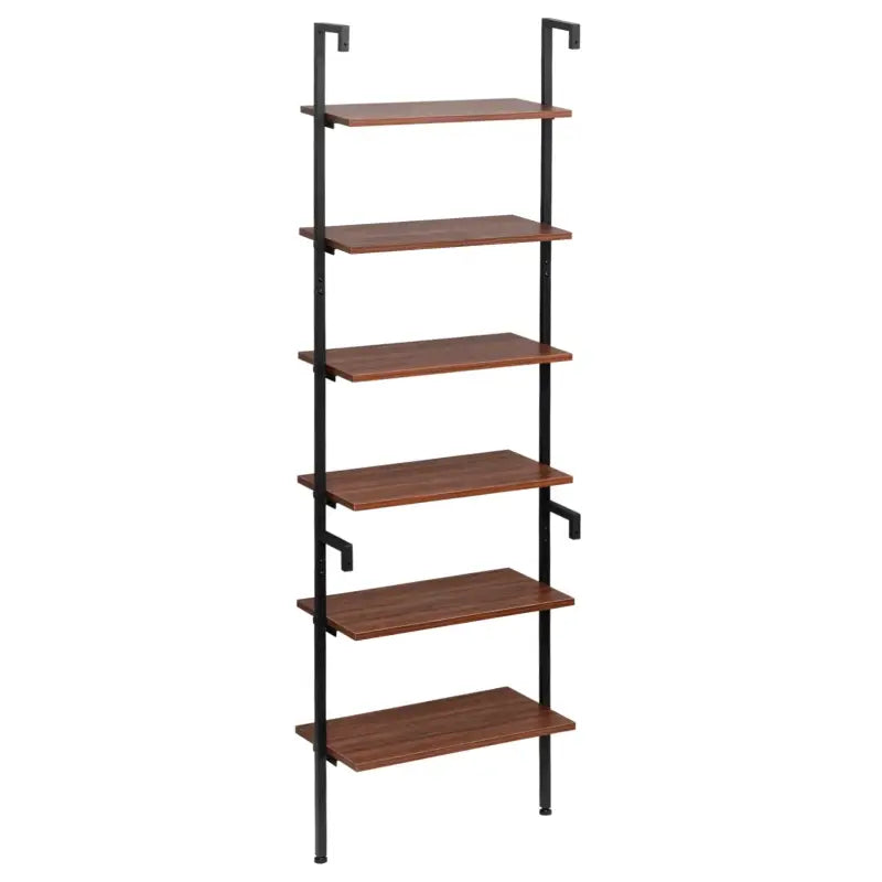 BukkitBow multifunctioneel ladderrek met stalen frame, 6 planken van donker eikenhout, zwart frame, 60x204x30cm, opbergrek.
