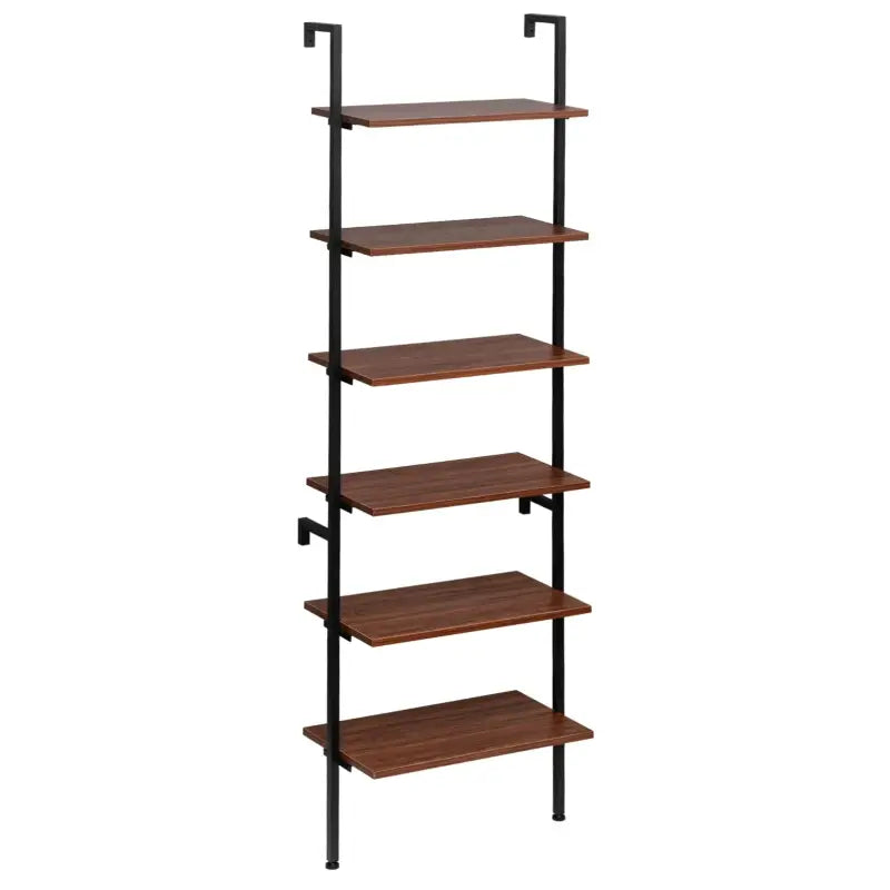 BukkitBow multifunctioneel ladderrek met stalen frame, donker eikenhouten planken, zwart frame, afmetingen 60x204x30cm, opbergrek.