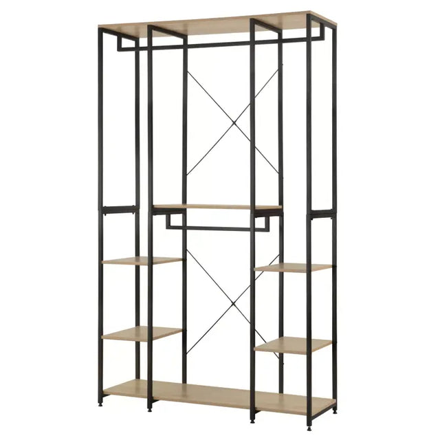 BukkitBow multifunctioneel kledingrek met 4 rails, stalen frame en eikenhouten elementen, 120x40x201cm, max 30 kg per plank