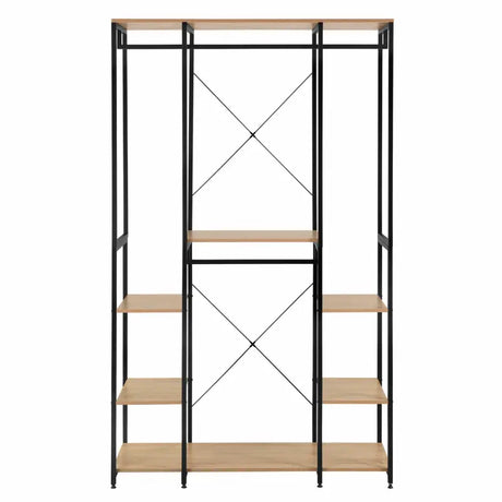 BukkitBow multifunctioneel open garderobe met 4 kledingrails, stalen frame en eikenhouten planken, 120x40x201cm