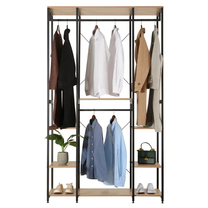 BukkitBow multifunctioneel kledingrek met 4 kledingrails, stalen frame en eikenhouten planken, 120x40x201cm, tot 30 kg per plank