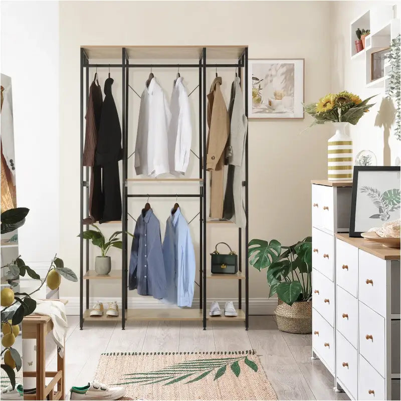 Multifunctioneel open garderobe van BukkitBow met 4 kledingrails, stalen frame en eikenhouten planken, 120x40x201cm.