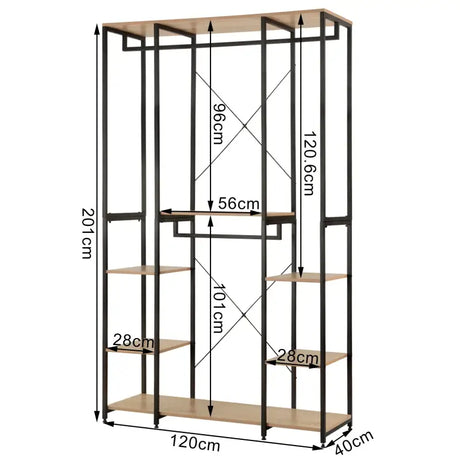 Multifunctioneel kledingrek van BukkitBow met 4 kledingrails, stalen frame en eikenhouten planken, 120x40x201cm, max 30 kg per plank.