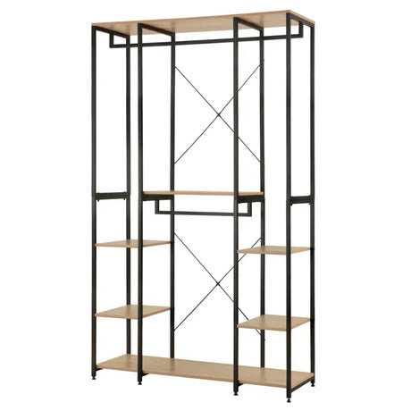 BukkitBow multifunctioneel kledingrek met 4 kledingrails, stalen frame en eikenhout, afmetingen 120x40x201 cm, tot 30 kg per plank.
