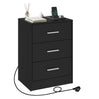 Houten BukkitBow nachtkastje met drie laden en USB-oplaadstation, modern ontwerp voor slaapkamer decor.