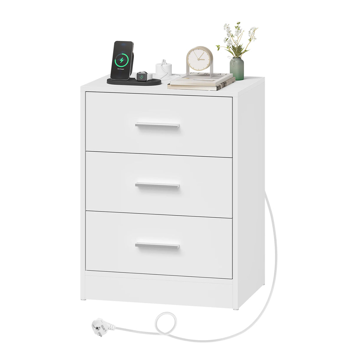 Houtnachtkastje van BukkitBow met 3 laden en USB-oplaadstation, modern ontwerp voor slaapkamer.