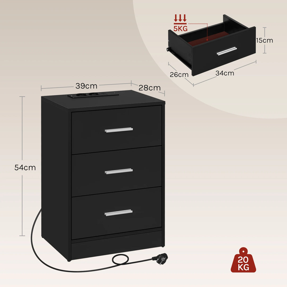 BukkitBow Nachtkastje van hout met 3 laden en USB oplaadstation, modern design geschikt voor slaapkamer.