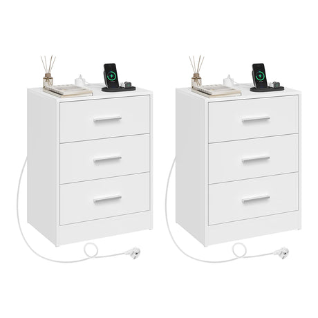 Houten BukkitBow nachtkastje met 3 laden en USB-oplaadstation, modern design voor stijlvolle slaapkamer inrichting.