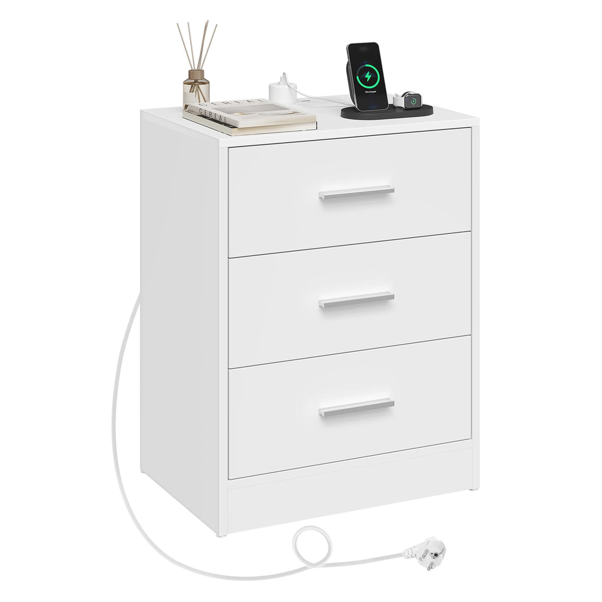 Houtnachtkastje van BukkitBow met 3 laden en USB-oplaadstation, modern ontwerp, geschikt als bedside table