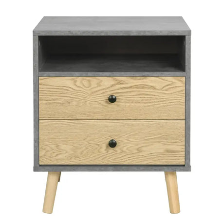BukkitBow nachtkastje met 2 laden, grijs met licht eikenhout, afmetingen 45x56x40cm, max belasting 30kg, houten design.