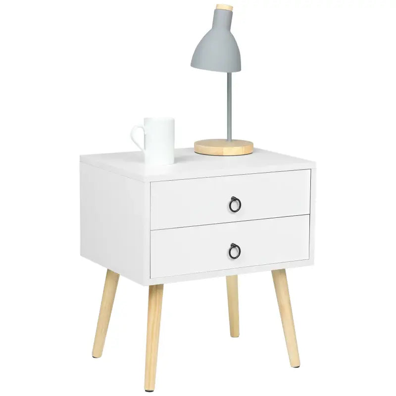 BukkitBow nachtkastje met 2 lades en houten poten, geschikt als koffietafel of opbergkast voor slaapkamer, 46x35x50cm