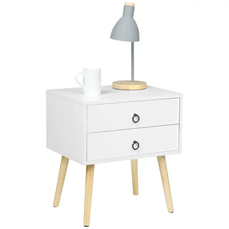 BukkitBow nachtkastje met 2 lades en houten poten, geschikt als koffietafel of opbergkast voor slaapkamer, 46x35x50cm