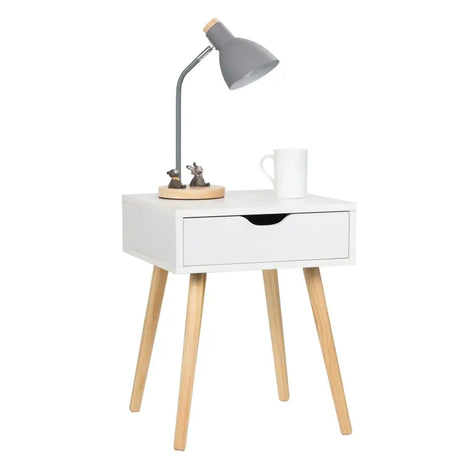 BukkitBow nachtkastje met lade, wit of grijs, gemaakt van MDF en massief hout, afmetingen 40x40x50cm, maximale belasting 5kg