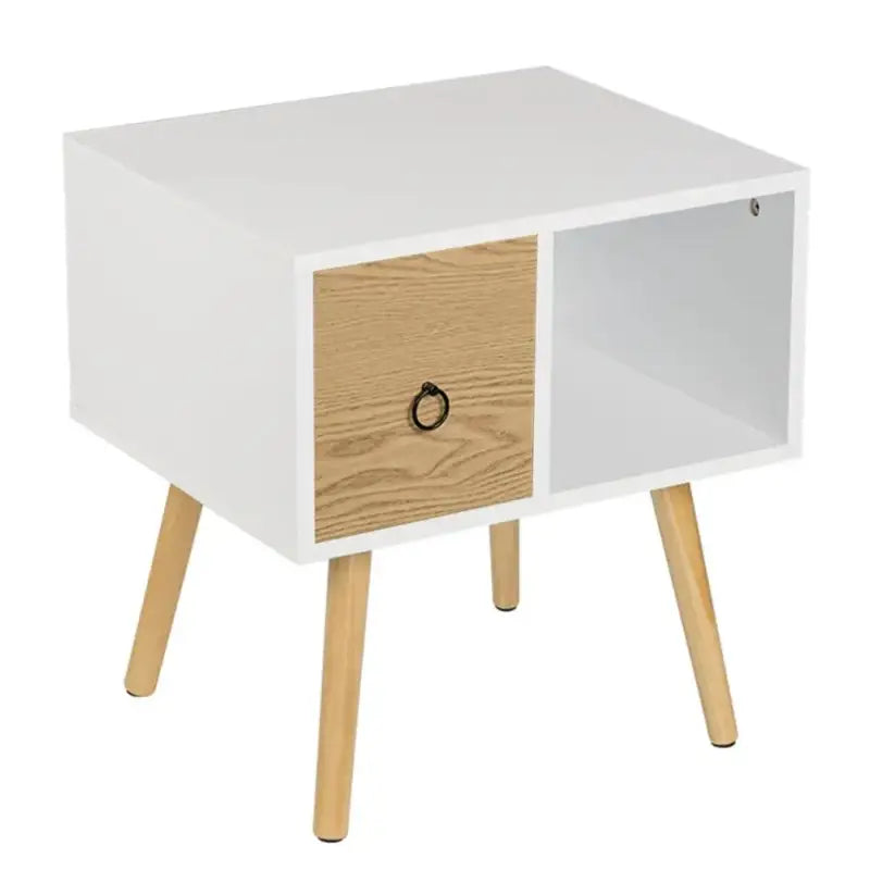 BukkitBow nachtkastje met lade, wit of grijs met eikenhout, MDF en massief hout, afmetingen 48x40x50cm, max 5kg belasting