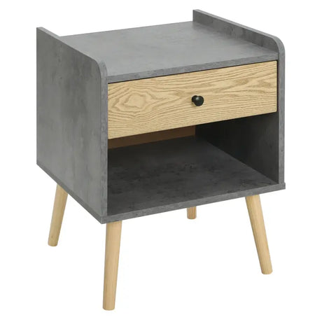 BukkitBow nachtkastje met lade, grijs met licht eikenhout, stevig hout en massieve poten, afmetingen 44x55,7x41cm, max 30kg.