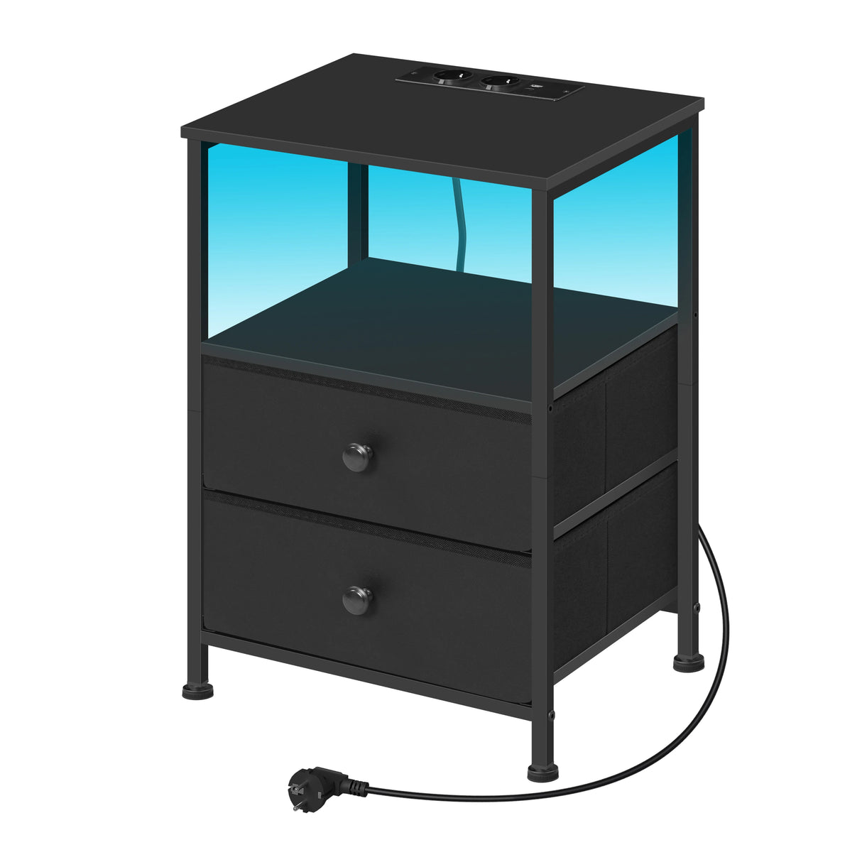 BukkitBow nachtkastje van metaal en hout met LED-verlichting en USB-poorten, modern design voor slaapkamer.