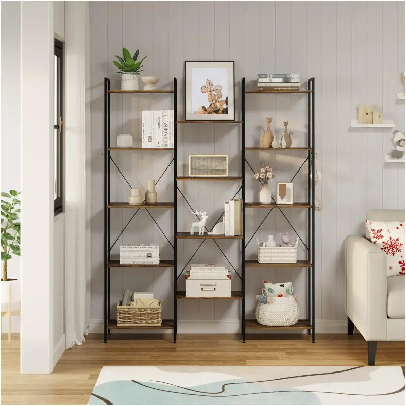 BukkitBow open opbergrek en boekenplank met stevig hout en metaal, industrieel ontwerp, afmetingen 134,5x176,5x30cm