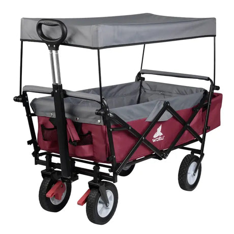 BukkitBow opvouwbare bolderkar met dak, stalen frame en rubberen wielen, geschikt voor maximaal 80 kg lading.